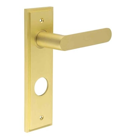 High quality image of Burlington - Kensington Door Handle Din Bathroom Backplate Satin Brass Sku. BUR25KIT247