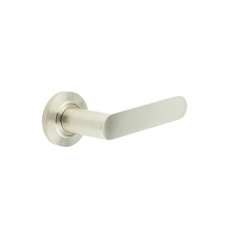 This is an image showing the Frelan - Kensington Door Handles Chamfered Rose Satin Nickel available to order from Trade Door Handles in Kendal