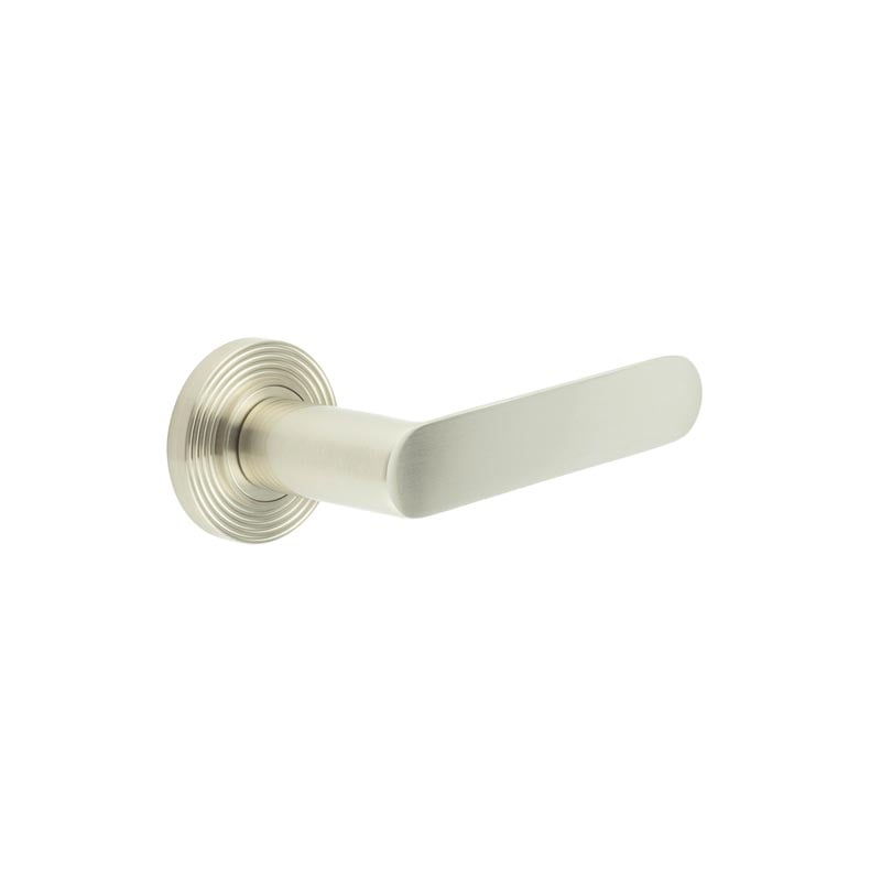 This is an image showing the Frelan - Kensington Door Handles Reeded Rose Satin Nickel available to order from Trade Door Handles in Kendal