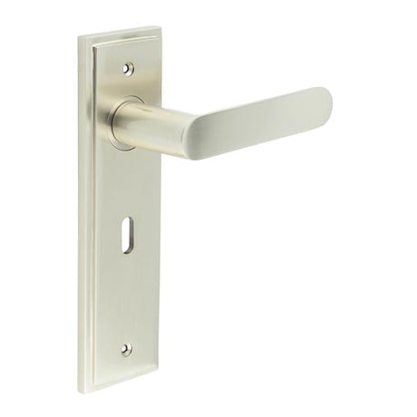 This is an image showing the Frelan - Kensington Door Handle Lock Backplate Satin Nickel available to order from Trade Door Handles in Kendal