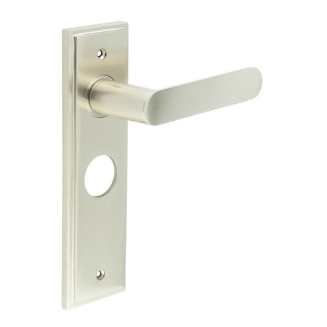 High quality image of Burlington - Kensington Door Handle Bathroom Backplate Satin Nickel Sku. BUR25KIT322