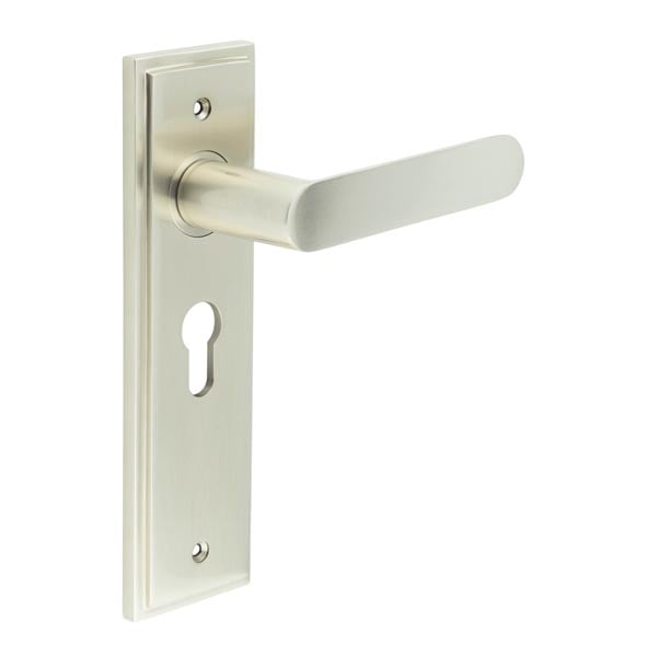 This is an image showing the Frelan - Kensington Door Handle Euro Backplate Satin Nickel available to order from Trade Door Handles in Kendal