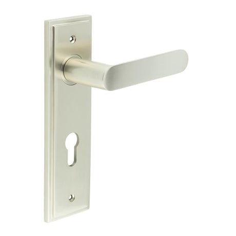 This is an image showing the Frelan - Kensington Door Handle Din Euro Backplate Satin Nickel available to order from Trade Door Handles in Kendal