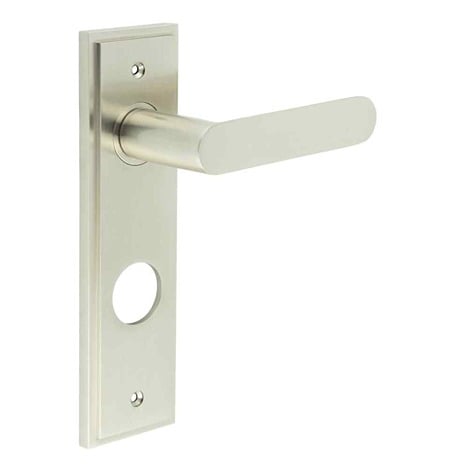 This is an image showing the Frelan - Kensington Door Handle Din Bathroom Backplate Satin Nickel available to order from Trade Door Handles in Kendal