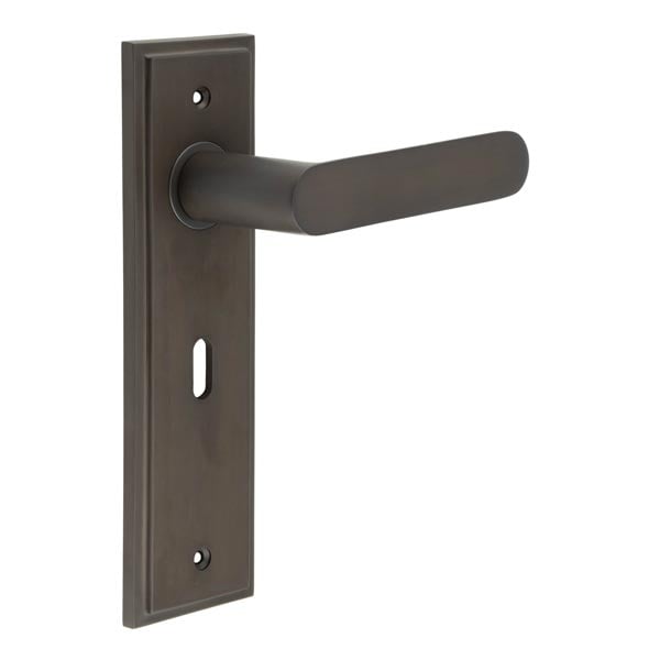 This is an image showing the Frelan - Kensington Door Handle Lock Backplate Dark Bronze available to order from Trade Door Handles in Kendal