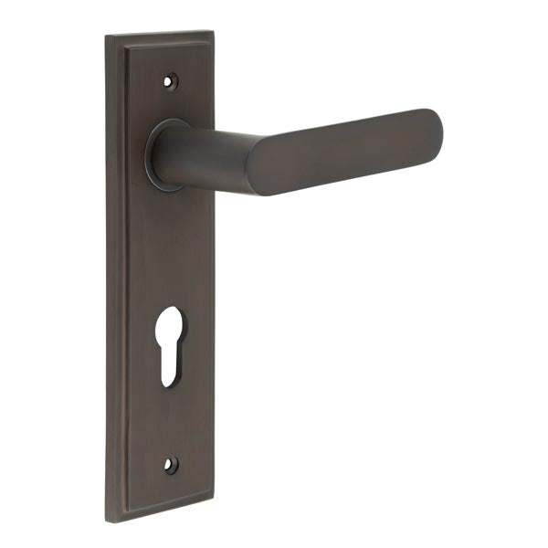High quality image of Burlington - Kensington Door Handle Din Euro Backplate Antique Brass Sku. BUR25KIT90