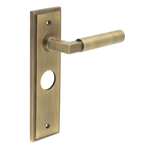 This is an image showing the Frelan - Westminster Door Handle Bathroom Backplate Antique Brass available to order from Trade Door Handles in Kendal