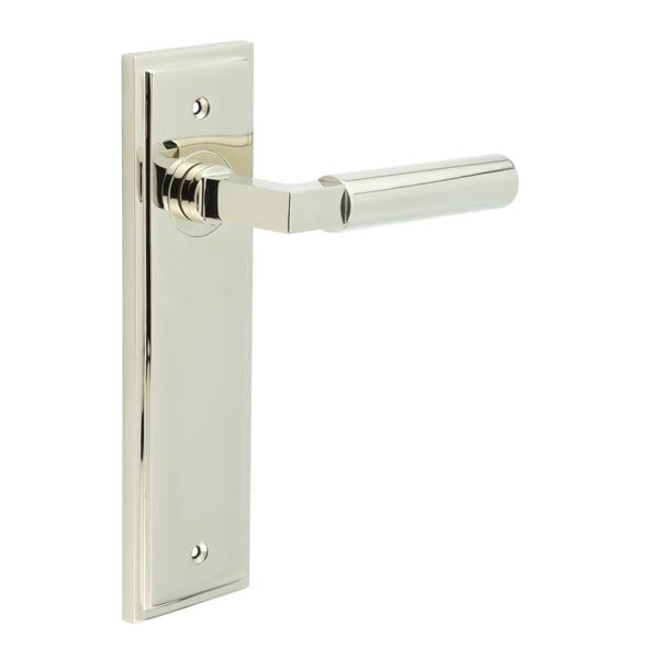 This is an image showing the Frelan - Westminster Door Handle Latch Backplate Polished Nickel available to order from Trade Door Handles in Kendal