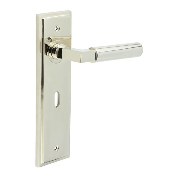 This is an image showing the Frelan - Westminster Door Handle Lock Backplate Polished Nickel available to order from Trade Door Handles in Kendal