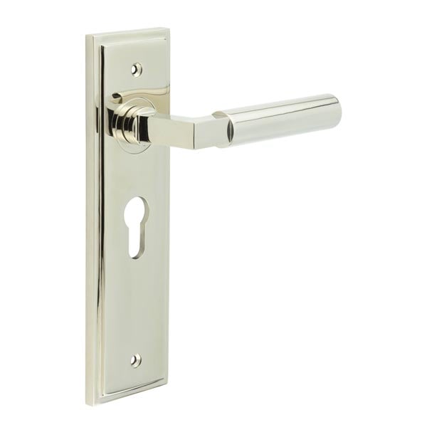 This is an image showing the Frelan - Westminster Door Handle Euro Backplate Polished Nickel available to order from Trade Door Handles in Kendal