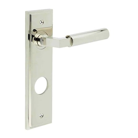 This is an image showing the Frelan - Westminster Door Handle Din Bathroom Backplate Polished Nickel available to order from Trade Door Handles in Kendal