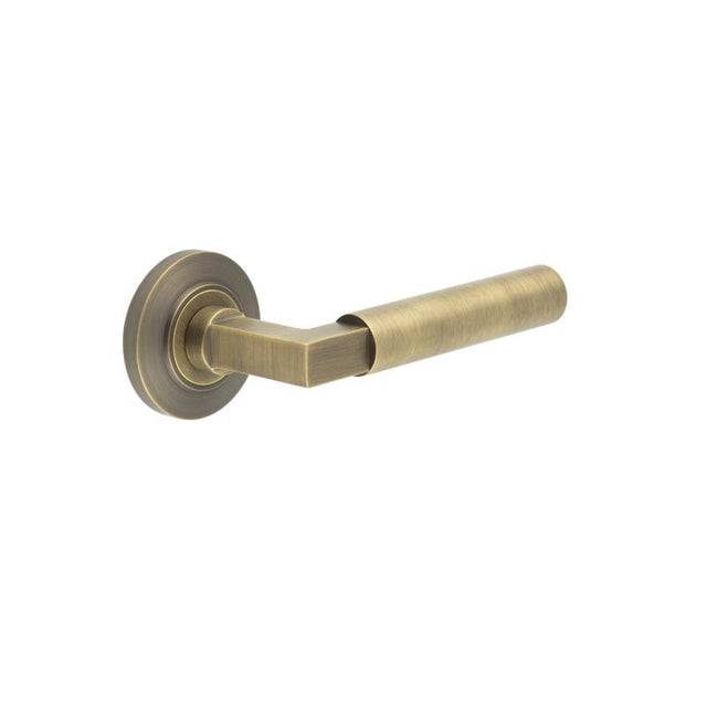 High quality image of Burlington - Westminster Door Handle on Chamfered Rose Antique Brass Sku. BUR30KIT2