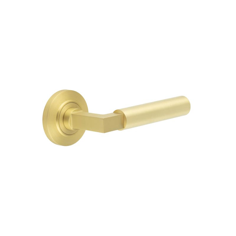 High quality image of Burlington - Westminster Door Handles Chamfered Rose Satin Brass Sku. BUR30KIT236