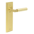 This is an image showing the Frelan - Westminster Door Handle Latch Backplate Satin Brass available to order from Trade Door Handles in Kendal