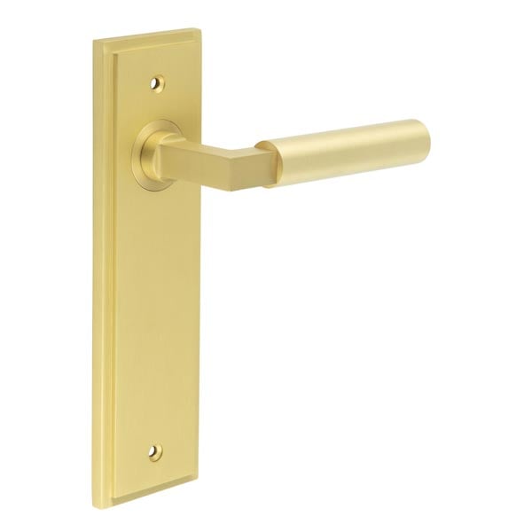 This is an image showing the Frelan - Westminster Door Handle Latch Backplate Satin Brass available to order from Trade Door Handles in Kendal