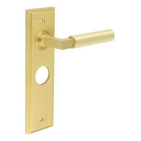 This is an image showing the Frelan - Westminster Door Handle Bathroom Backplate Satin Brass available to order from Trade Door Handles in Kendal