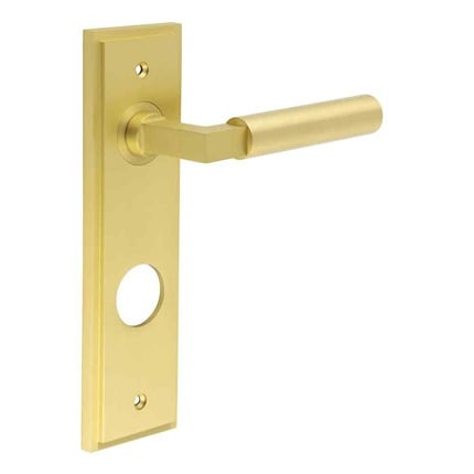 High quality image of Burlington - Westminster Door Handle Din Bathroom Backplate Satin Brass Sku. BUR30KIT247