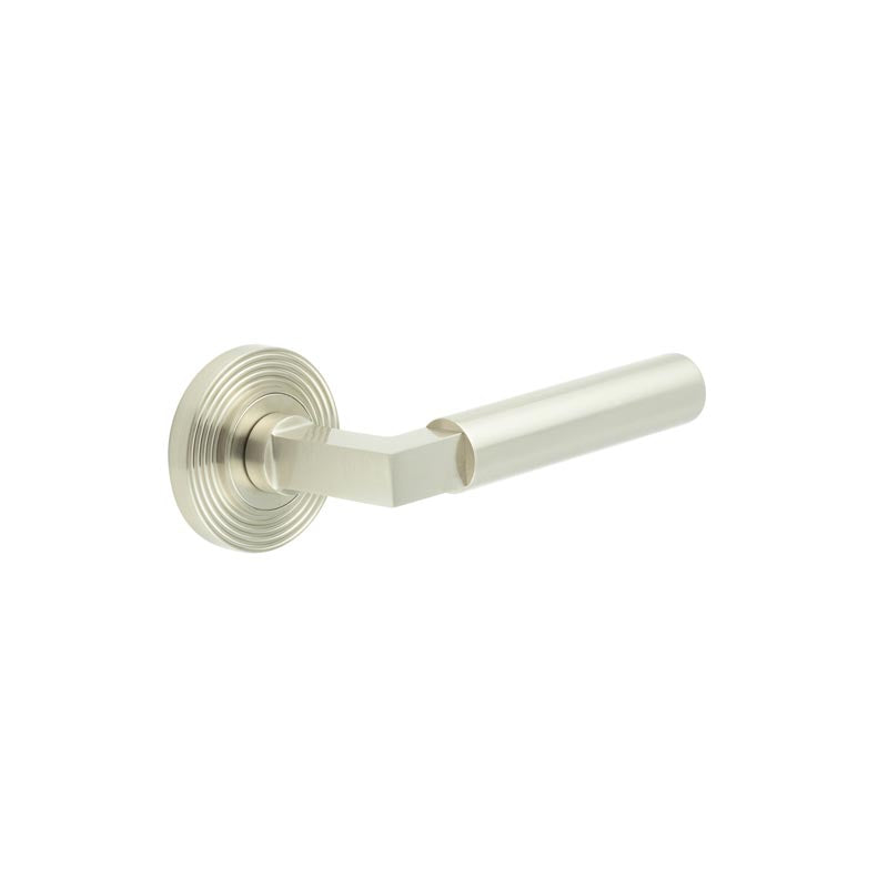 High quality image of Burlington - Westminster Door Handles Reeded Rose Satin Nickel Sku. BUR30KIT316