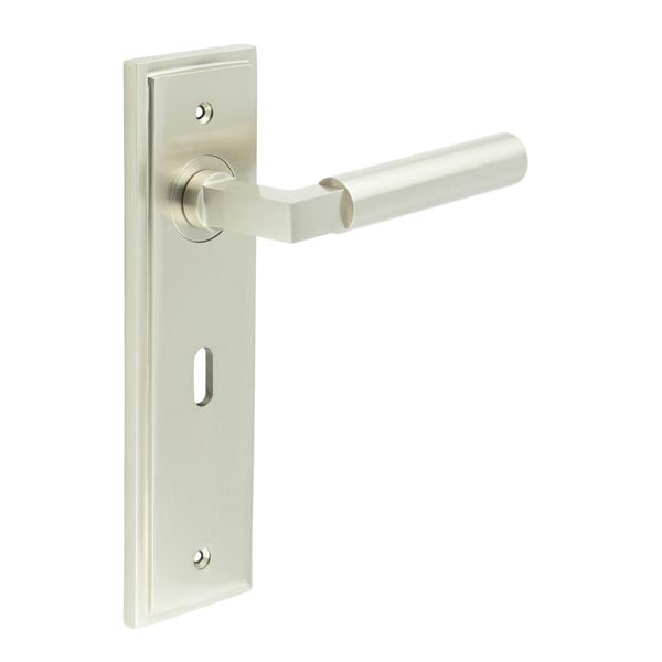 High quality image of Burlington - Westminster Door Handle Lock Backplate Satin Nickel Sku. BUR30KIT321