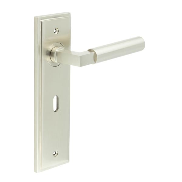 This is an image showing the Frelan - Westminster Door Handle Lock Backplate Satin Nickel available to order from Trade Door Handles in Kendal