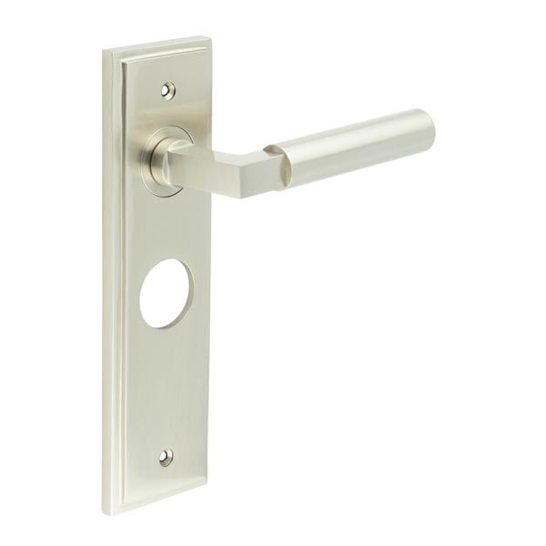 This is an image showing the Frelan - Westminster Door Handle Bathroom Backplate Satin Nickel available to order from Trade Door Handles in Kendal