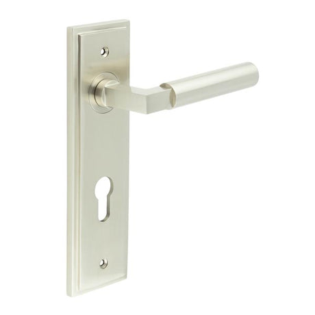 High quality image of Burlington - Westminster Door Handle Din Euro Backplate Satin Nickel Sku. BUR30KIT324