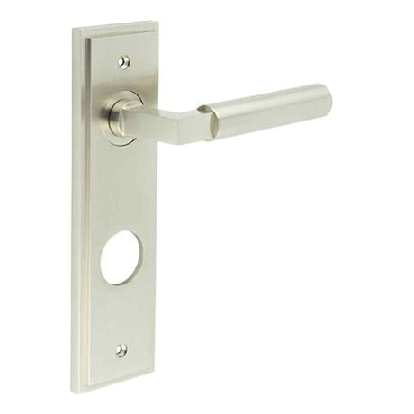 This is an image showing the Frelan - Westminster Door Handle Din Bathroom Backplate Satin Nickel available to order from Trade Door Handles in Kendal