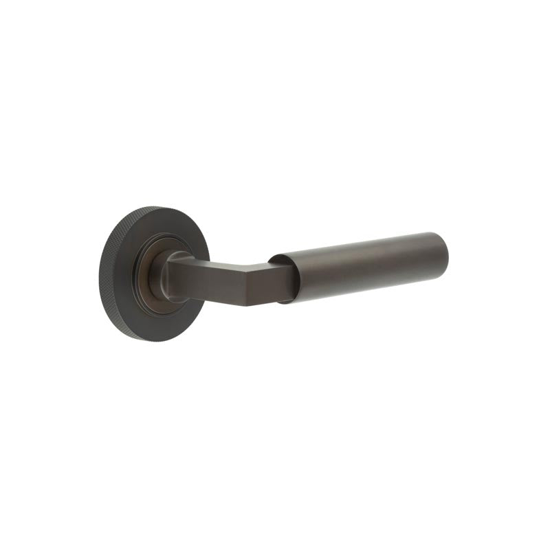 High quality image of Burlington - Westminster Door Handle on Knurled Rose Dark Bronze Sku. BUR30KIT83