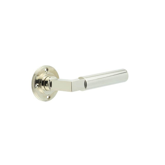 This is an image showing the Burlington - Westminster lever on rose - Polished Nickel available to order from Trade Door Handles in Kendal