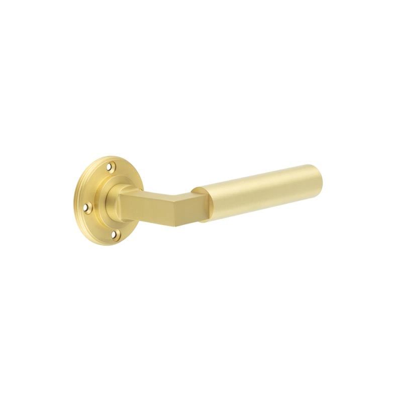 This is an image showing the Burlington - Westminster lever on rose - Satin Brass available to order from Trade Door Handles in Kendal