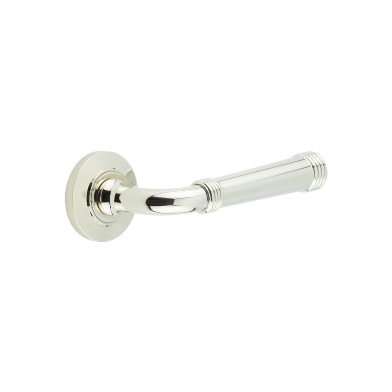 This is an image showing the Frelan - Highgate Door Handles Chamfered Rose Polished Nickel available to order from Trade Door Handles in Kendal