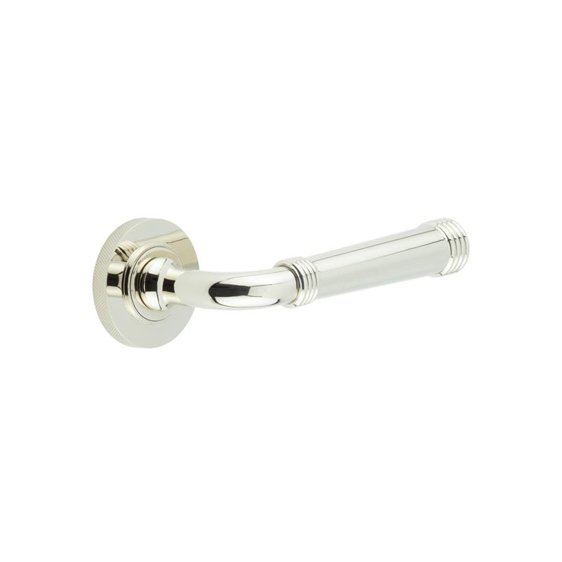 This is an image showing the Frelan - Highgate Door Handles Knurled Rose Polished Nickel available to order from Trade Door Handles in Kendal