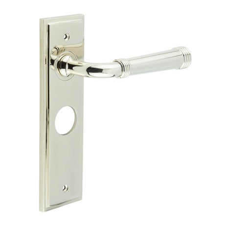 High quality image of Burlington - Highgate Door Handle Bathroom Backplate Polished Nickel Sku. BUR35KIT166