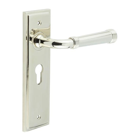 High quality image of Burlington - Highgate Door Handle Euro Backplate Polished Nickel Sku. BUR35KIT167