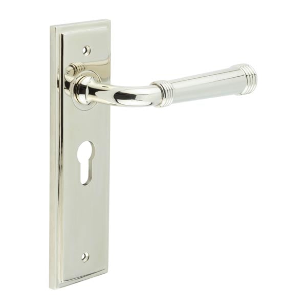 This is an image showing the Frelan - Highgate Door Handle Euro Backplate Polished Nickel available to order from Trade Door Handles in Kendal