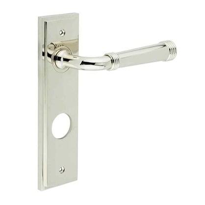 This is an image showing the Frelan - Highgate Door Handle Din Bathroom Backplate Polished Nickel available to order from Trade Door Handles in Kendal