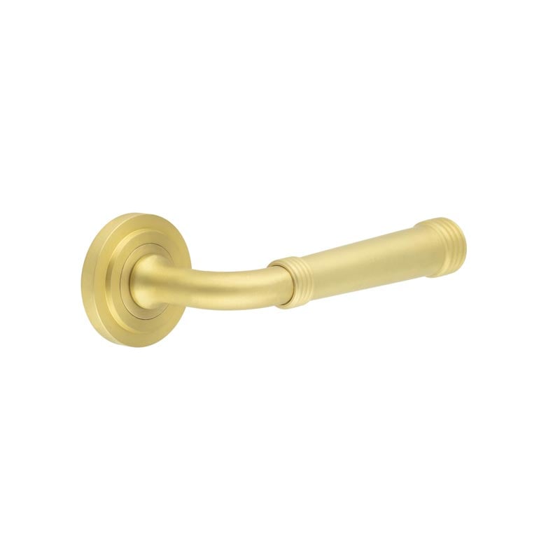 This is an image showing the Frelan - Highgate Door Handles Stepped Rose Satin Brass available to order from Trade Door Handles in Kendal