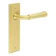 This is an image showing the Frelan - Highgate Door Handle Latch Backplate Satin Brass available to order from Trade Door Handles in Kendal