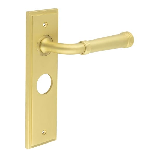 This is an image showing the Frelan - Highgate Door Handle Bathroom Backplate Satin Brass available to order from Trade Door Handles in Kendal