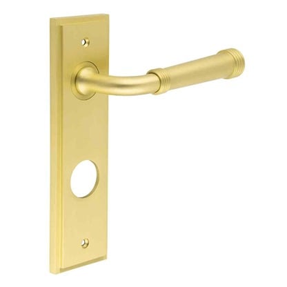 High quality image of Burlington - Highgate Door Handle Din Bathroom Backplate Satin Brass Sku. BUR35KIT247