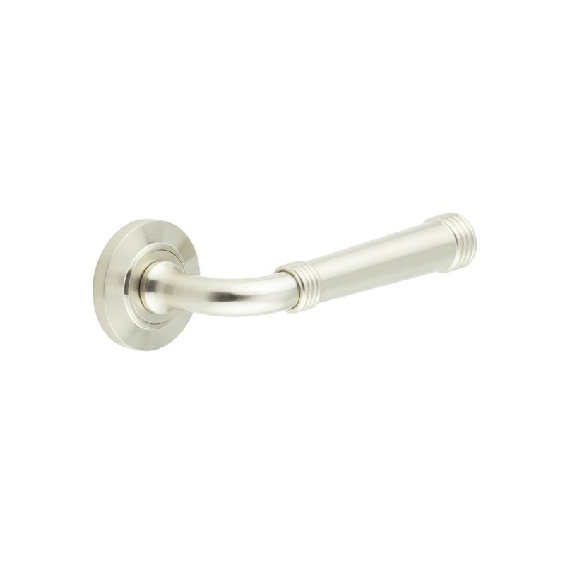 This is an image showing the Frelan - Highgate Door Handles Chamfered Rose Satin Nickel available to order from Trade Door Handles in Kendal