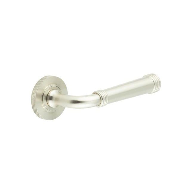 This is an image showing the Frelan - Highgate Door Handles Knurled Rose Satin Nickel available to order from Trade Door Handles in Kendal