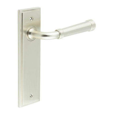 High quality image of Burlington - Highgate Door Handle Latch Backplate Satin Nickel Sku. BUR35KIT320