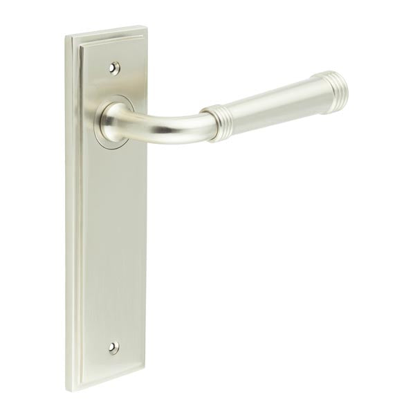 High quality image of Burlington - Highgate Door Handle Latch Backplate Satin Nickel Sku. BUR35KIT320