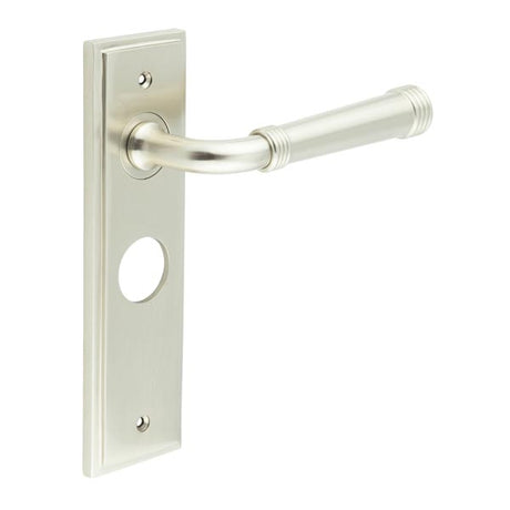 High quality image of Burlington - Highgate Door Handle Bathroom Backplate Satin Nickel Sku. BUR35KIT322