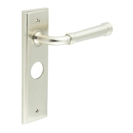 This is an image showing the Frelan - Highgate Door Handle Bathroom Backplate Satin Nickel available to order from Trade Door Handles in Kendal