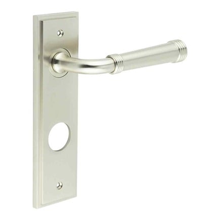 This is an image showing the Frelan - Highgate Door Handle Din Bathroom Backplate Satin Nickel available to order from Trade Door Handles in Kendal