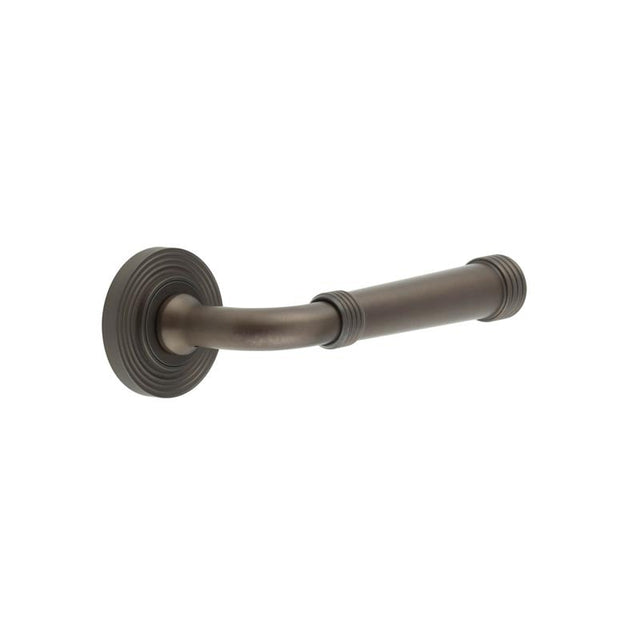 This is an image showing the Frelan - Highgate Door Handles Reeded Rose Dark Bronze available to order from Trade Door Handles in Kendal