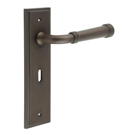 High quality image of Burlington - Highgate Door Handle Lock Backplate Dark Bronze Sku. BUR35KIT87