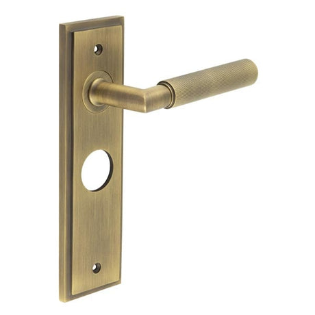 This is an image showing the Frelan - Piccadilly Door Handle Bathroom Backplate Antique Brass available to order from Trade Door Handles in Kendal